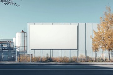 Obraz premium Blank Billboard Mockup: A large, blank billboard is prominently displayed on the side of a industrial building, providing a striking visual for your next advertising campaign.