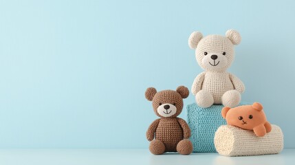 Fototapeta premium Adorable Woven Toy Bears Displayed on Soft Pastel Background Ideal for Children's Room Decoration or Online Shopping Promotion