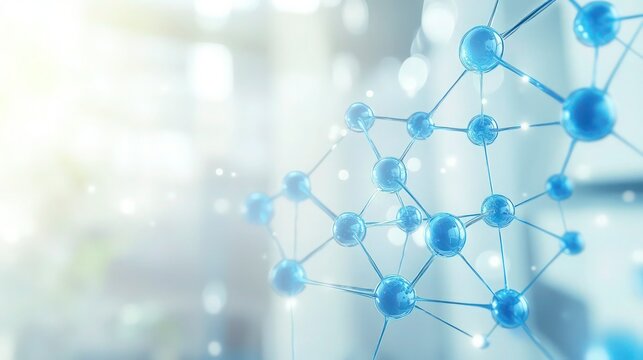 A scientific molecular structure with blue interconnected atoms, displayed in a clean, blurred background with a modern, abstract feel.