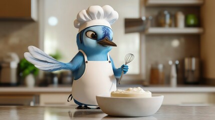 Fototapeta premium A vibrant 3D cartoon blue jay chef wearing a spotless white chefs hat and apron, perched on a countertop with a whisk in one wing and a bowl of batter in front of it. 