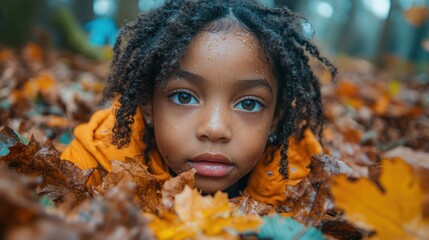 A child with curly hair rests among autumn leaves, capturing a moment of nature and curiosity.