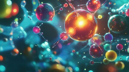 An energetic atomic structure with rotating colorful spheres in bright hues, glowing in a fluid, scientific environment.