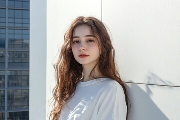 Cityscape Serenity: A young woman with long, flowing brown hair gazes thoughtfully at the camera, leaning against a modern building in a serene and alluring portrait.