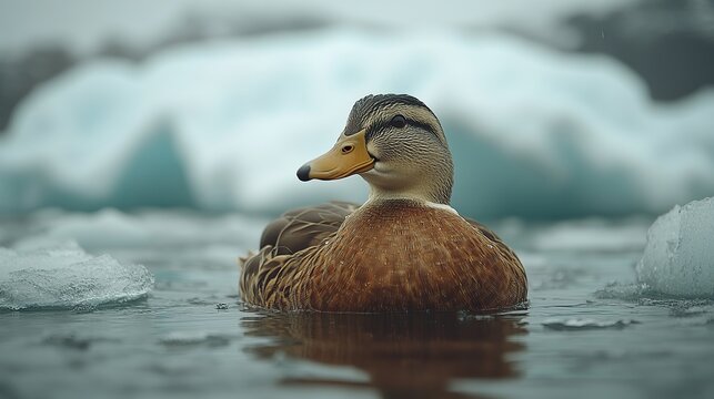 Ducks swim among icebergs, navigating through rapidly melting ice in a changing climate