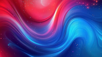 Obraz premium A vibrant gradient background that blends red, blue, and purple in a swirling motion, with subtle lighting effects and scattered glowing particles.