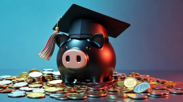 An artistic composition featuring a piggy bank adorned with a stylish black graduation cap, surrounded by a pile of colorful coins