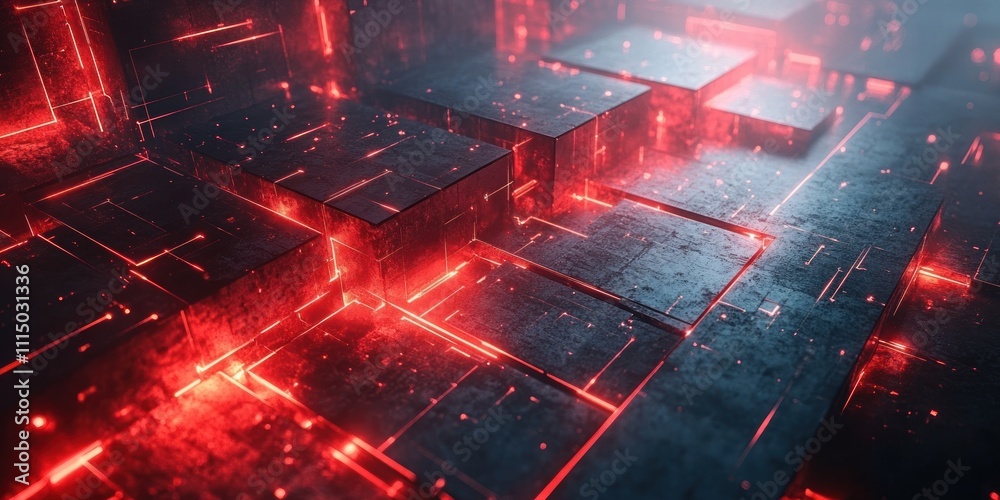 Wall mural red illuminated cubes abstract digital structure