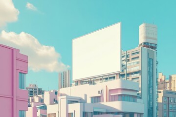 Obraz premium Blank Billboard Mockup in Vibrant Cityscape: A large, blank billboard stands proudly amidst a pastel-hued urban landscape, inviting your message to take center stage.
