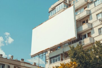 Obraz premium Blank Billboard Mockup: A blank billboard on a building, perfect for showcasing your design or message. A bright, sunny day with a clear blue sky, a perfect backdrop for your brand.