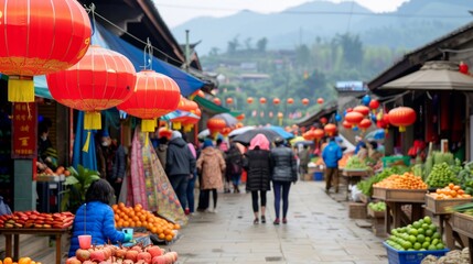 Obraz premium Vibrant Market Scene with Colorful Lanterns, Fresh Fruits, and People Enjoying Local Culture in an Outdoor Setting Surrounded by Mountains and Traditions