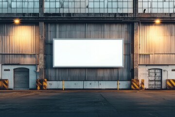 Blank Billboard on Industrial Building: A large, blank billboard mounted on the side of an industrial building, illuminated by overhead lights.