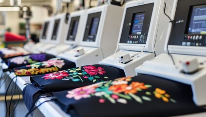 Automated Embroidery Machines Stitch Colorful Floral Designs onto Fabric, Precision Technology in Textile Industry.