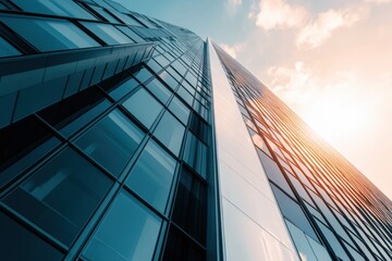 Reaching for the Sky: A towering glass skyscraper soars towards a breathtaking sunset, its reflective facade mirroring the ambition and growth of modern architecture.