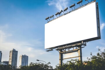 Fototapeta premium Blank Billboard in Urban Landscape: A towering billboard stands tall against a backdrop of urban cityscape, its blank canvas promising endless possibilities.