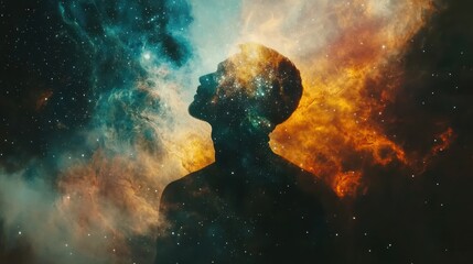 Silhouette of a person against a cosmic backdrop 