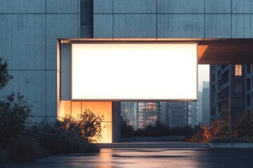 Obraz premium Illuminated Billboard Mockup: Modern building exterior at night, featuring a large, bright, blank billboard perfect for advertising or branding.