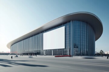 Modern Convention Center with Blank Billboard: A sleek, modern convention center under a bright sky, featuring a large blank billboard perfect for advertising or branding.