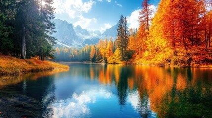 Fototapeta premium A serene autumn landscape with colorful trees reflecting in a calm lake surrounded by mountains.