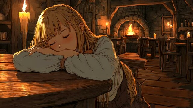Woman asleep on a wooden table in a rustic medieval tavern illuminated by warm candlelight and a glowing fireplace. Peace concept