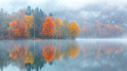 Obraz premium A serene autumn landscape with colorful trees reflecting on a misty lake.