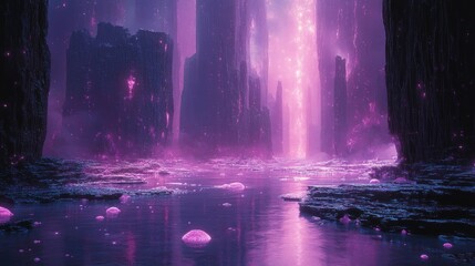 Mystical purple landscape with shimmering water and formations