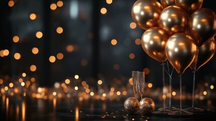 Obraz premium Golden Balloons Celebrate Festive Occasion With Champagne Glasses