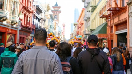 Obraz premium Busy Street Scene During a Colorful Parade with a Diverse Crowd Celebrating and Enjoying the Festivities in a Vibrant City Atmosphere