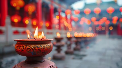 Serene Ambient Lighting of Traditional Candles at a Lantern Festival, Creating a Beautiful Spiritual Atmosphere in a Historic Temple Setting