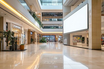 Modern Shopping Mall Interior:  A wide-angle shot of a grand, modern shopping mall interior, featuring gleaming marble floors, spacious walkways, and a large blank billboard.