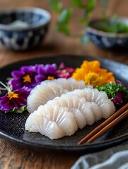 Fresh Sashimi with Edible Flowers on a Dark Plate, Garnished with Chopsticks.
