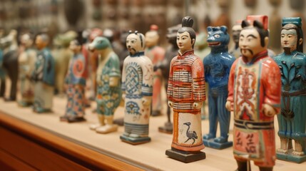 Fototapeta premium Colorful Collection of Traditional Ceramic Figurines Displayed on a Wooden Shelf, Highlighting Cultural Heritage and Artistic Craftsmanship in Detail