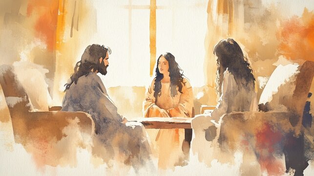 In a cozy indoor space filled with soft sunlight, Jesus shares a meaningful conversation with Mary and Martha, capturing warmth and connection