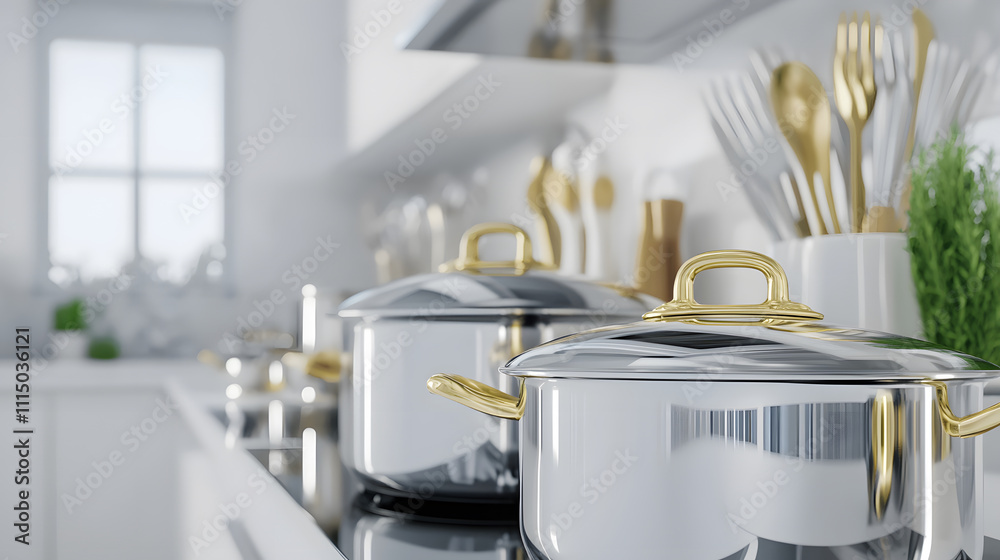 Aufkleber a modern kitchen with stylish cookware, featuring shiny metallic pots and utensils, exuding elegance