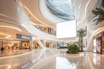 Modern Shopping Mall Interior with Blank Billboard: A spacious and luxurious shopping mall interior with a large, blank billboard, perfect for showcasing your brand or message.