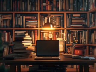 Fototapeta premium A Stack of Antique Hardcover Books Next to an Open Laptop on a Wooden Desk in a Sunlit Library, Bridging the Worlds of Traditional and Modern Knowledge