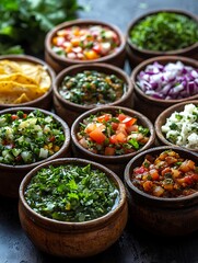 Fototapeta premium An Assortment of Colorful and Vibrant Mexican Salsas in Rustic Wooden Bowls.