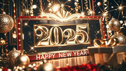 golden on New Year 2025 background with fireworks. Celebration