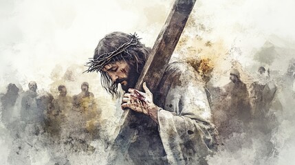 In this striking artwork, Jesus carries the cross, embodying deep sorrow and determination. The crowd looms softly in the background, enhancing the somber mood