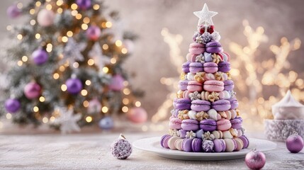 Festive macaroon tree with holiday decorations