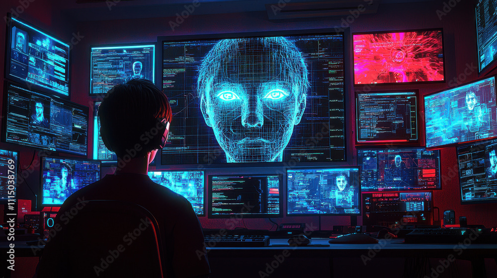 Poster face detection concept. technician monitors advanced facial detection system in high tech lab