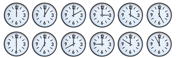 Set of photography of Isolated Minimalist Round Wall Clocks with Black Frames Showing Different...