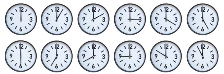 Set of photography of Isolated Minimalist Round Wall Clocks with Black Frames Showing Different Times from 12:00 to 11:00 for Deadline and Time Management Concepts