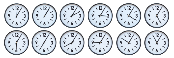 Set of photography of Isolated Minimalist Round Wall Clocks with Black Frames Showing Different Times from 12:05 to 11:05 for Deadline and Time Management Concepts