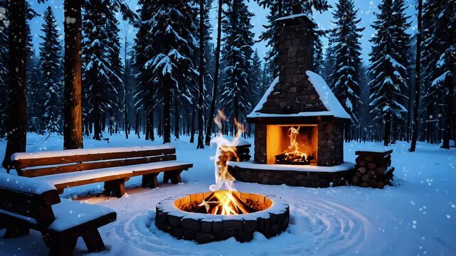 Rustic outdoor fireplace glowing warmly in a snowy forest surrounded by benches, peaceful winter scene.