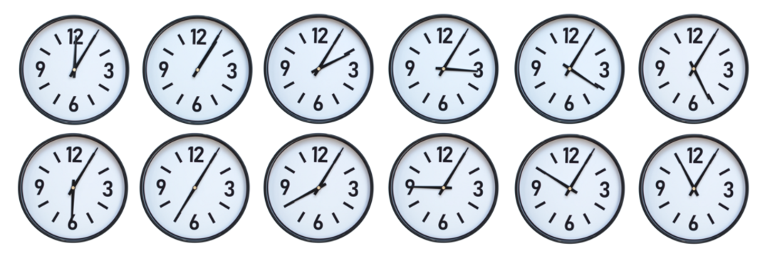 Set of photography of Isolated Minimalist Round Wall Clocks with Black Frames Showing Different Times from 12:05 to 11:05 for Deadline and Time Management Concepts