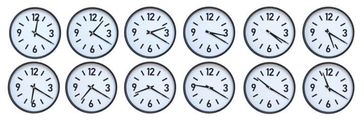 Set of photography of Isolated Minimalist Round Wall Clocks with Black Frames Showing Different Times from 12:20 to 11:20 for Deadline and Time Management Concepts