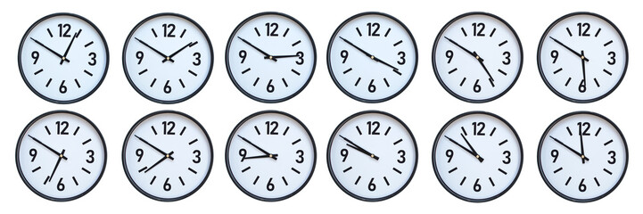 Set of photography of Isolated Minimalist Round Wall Clocks with Black Frames Showing Different...