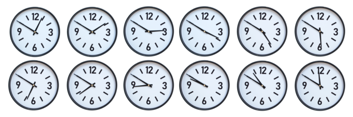 Set of photography of Isolated Minimalist Round Wall Clocks with Black Frames Showing Different Times from 12:50 to 11:50 for Deadline and Time Management Concepts