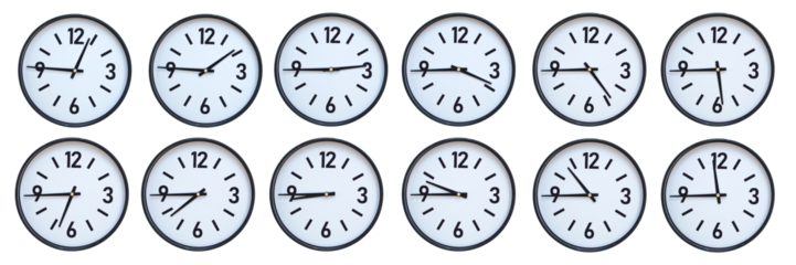 Set of photography of Isolated Minimalist Round Wall Clocks with Black Frames Showing Different Times from 12:45 to 11:45 for Deadline and Time Management Concepts