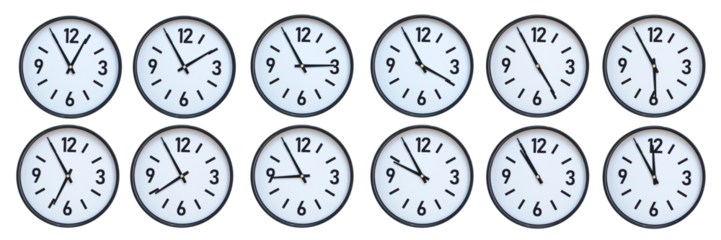 Set of photography of Isolated Minimalist Round Wall Clocks with Black Frames Showing Different Times from 12:55 to 11:55 for Deadline and Time Management Concepts